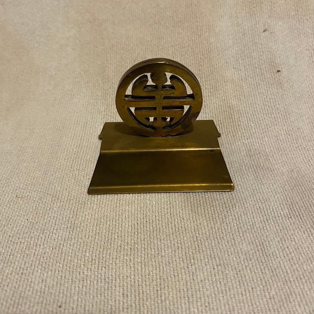 Vintage Brass Chinese Shou Symbol Place Card Holder Asian Longevity Table Decor